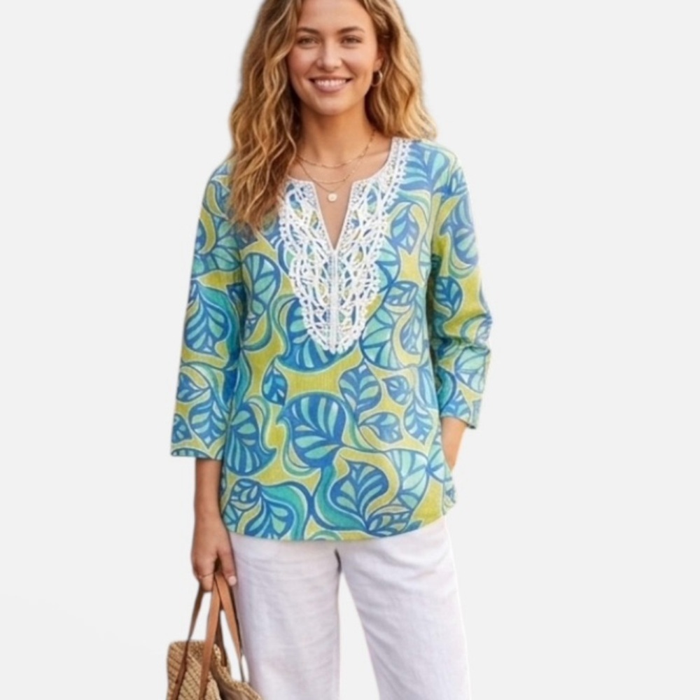Pappagallo Y2K Tunic Leaf Print Crochet Lace Split Neck Blue Green Womens Size S